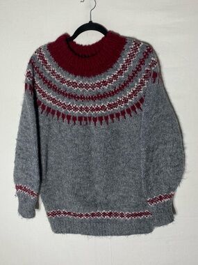 Vintage Hand Knotted With Love Grey Burgundy Fair Isle Crew Neck Sweater S